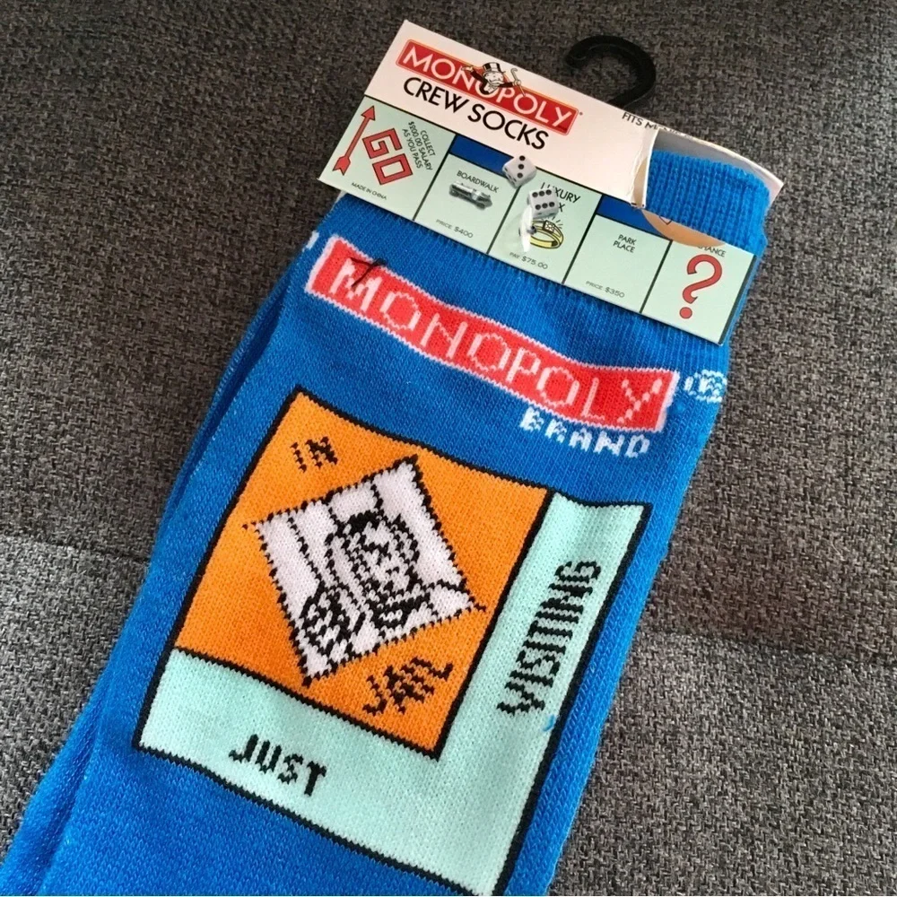 Novelty “Monopoly” Money Game Crew Socks, Blue, Green, Unisex